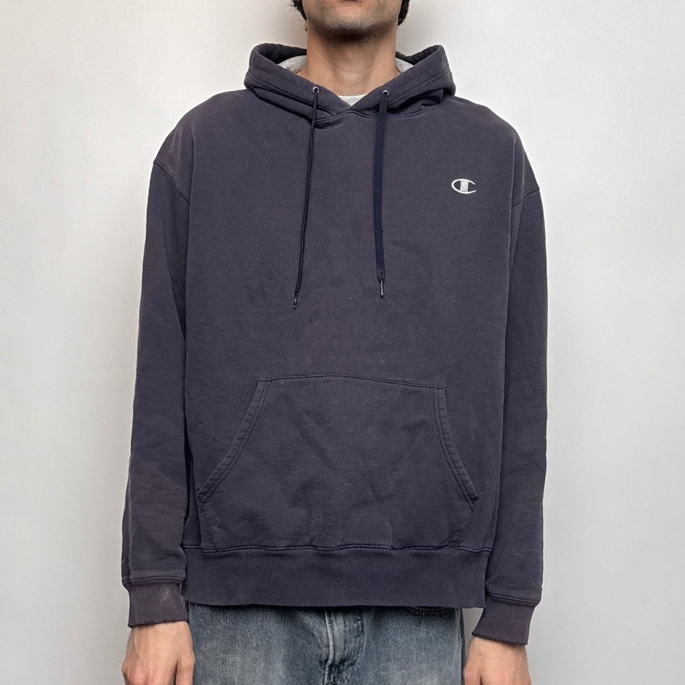 Distressed Champion Authentic Hoodie Faded Navy Blue Pullover Logo XL